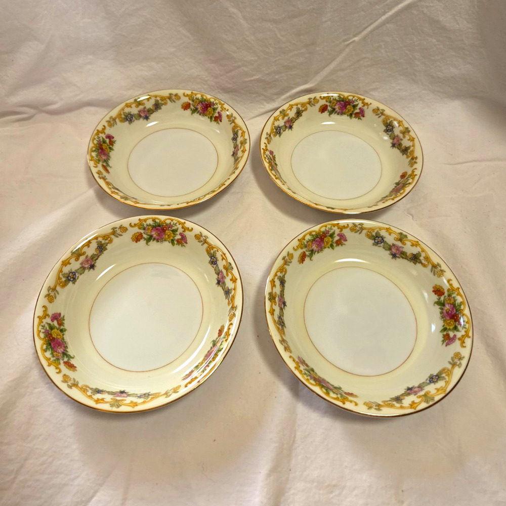 Vtg Set of 4 Noritake Flora "Gloria" Gold Trim Porcelain 5.5" Berry Bowls Japan